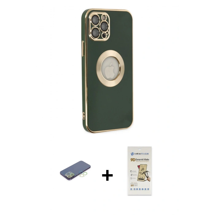 MARSİLYAN™- iPhone 12 Pro Max Kılıf İz Form Serisi - Siyah Mat Seramik Nano Ekran Koruyucu + Yeşil Renkli Kamera Lens Koruma Cam