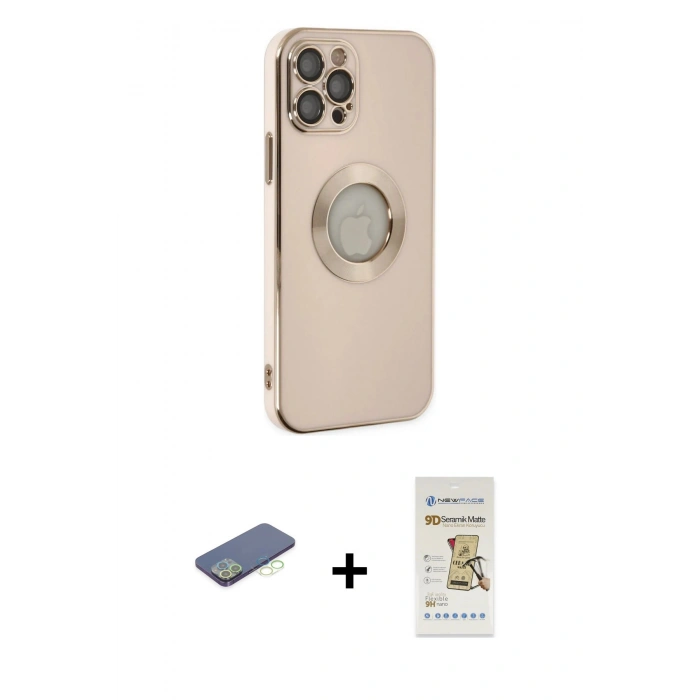 MARSİLYAN™- iPhone 12 Pro Max Kılıf İz Form Serisi - Siyah Mat Seramik Nano Ekran Koruyucu + Yeşil Renkli Kamera Lens Koruma Cam