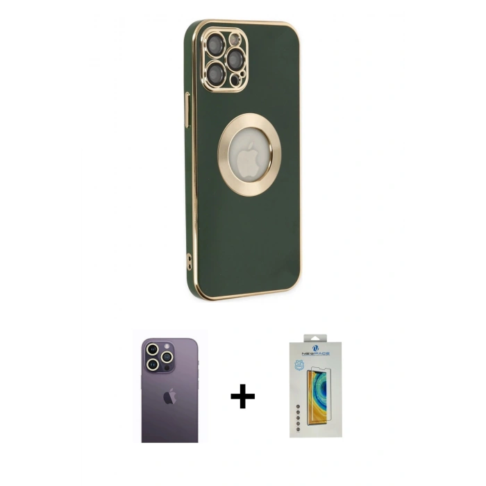 MARSİLYAN™- iPhone 12 Pro Max Kılıf İz Form Serisi - Siyah Polymer Nano Ekran Koruyucu + Neon Fosforlu Kamera Lens - BZ