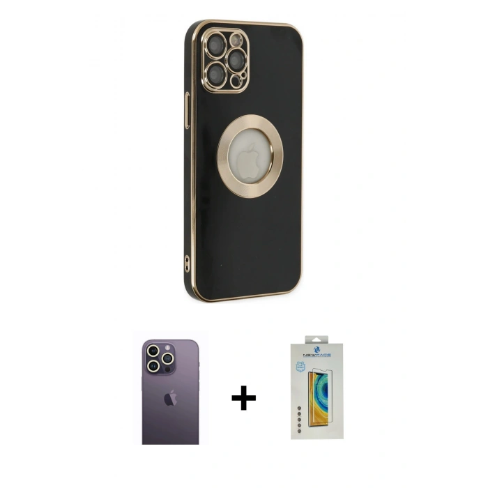 MARSİLYAN™- iPhone 12 Pro Max Kılıf İz Form Serisi - Siyah Polymer Nano Ekran Koruyucu + Neon Fosforlu Kamera Lens - BZ