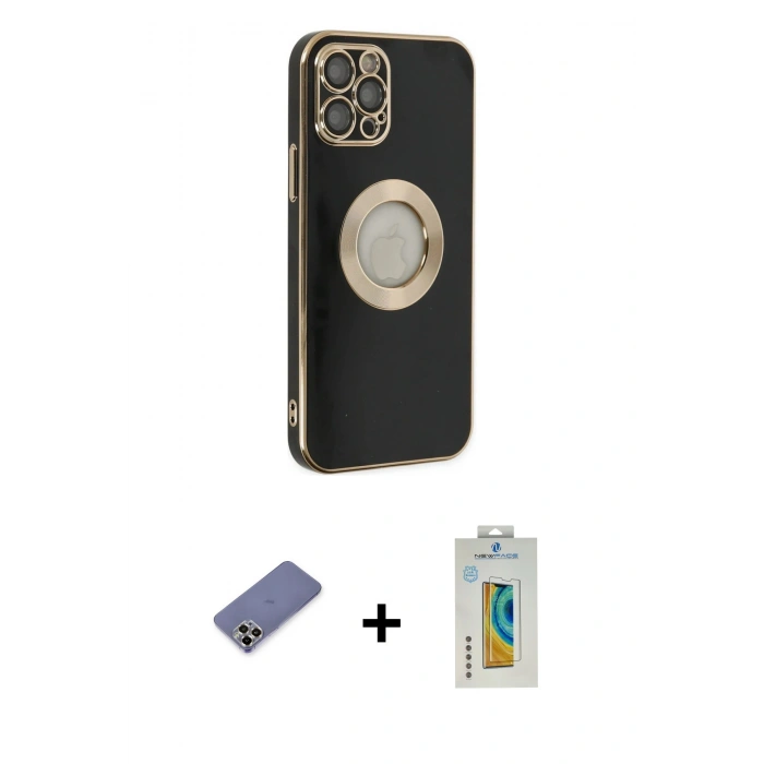 MARSİLYAN™- iPhone 12 Pro Max Kılıf İz Form Serisi - Siyah Polymer Nano Ekran Koruyucu + Metal Kamera Lens Koruma Cam - GD