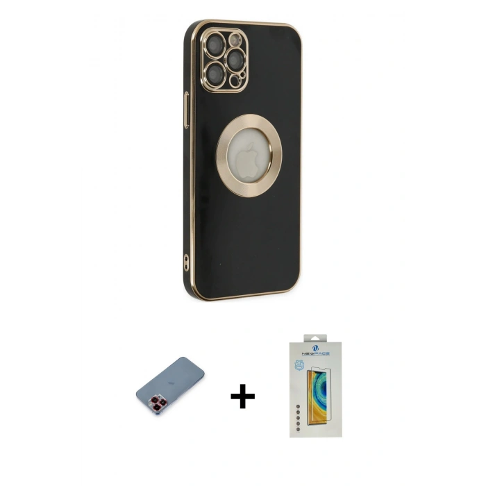 MARSİLYAN™- iPhone 12 Pro Max Kılıf İz Form Serisi - Siyah Polymer Nano Ekran Koruyucu + Metal Kamera Lens Koruma Cam - KI