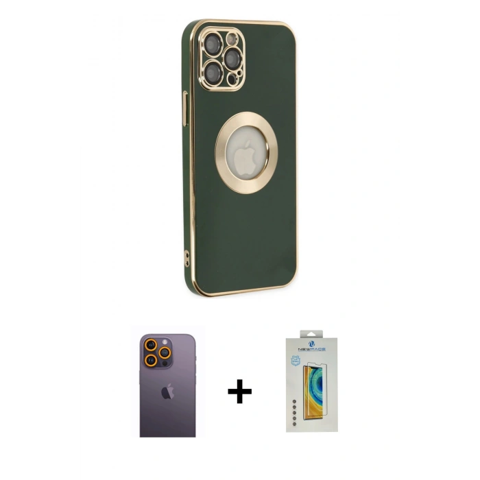 MARSİLYAN™- iPhone 12 Pro Max Kılıf İz Form Serisi - Siyah Polymer Nano Ekran Koruyucu + Neon Fosforlu Kamera Lens - SI