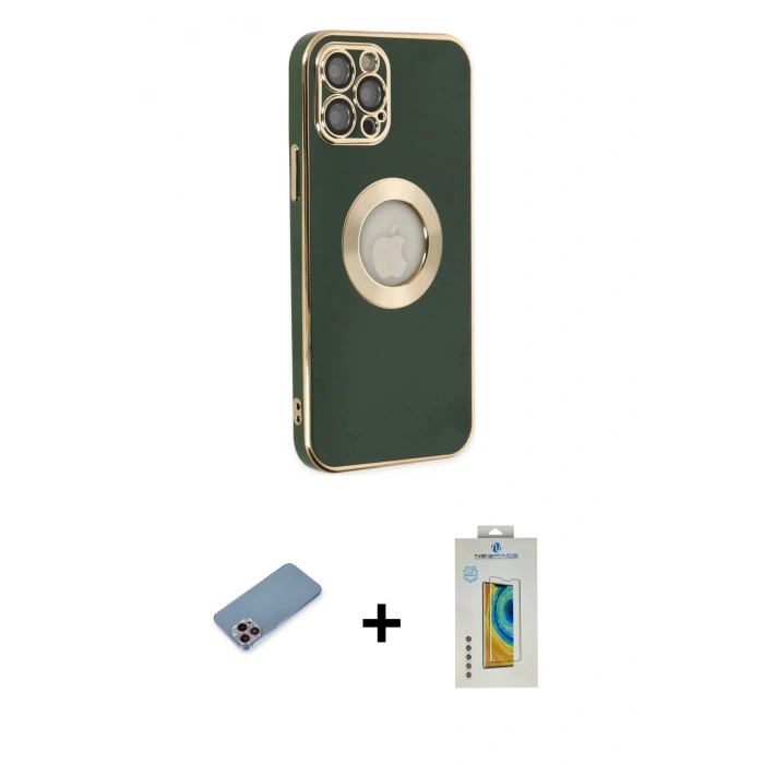 MARSİLYAN™- iPhone 12 Pro Max Kılıf İz Form Serisi - Siyah Polymer Nano Ekran Koruyucu + Shine Kamera Lens Koruma Cam - PE