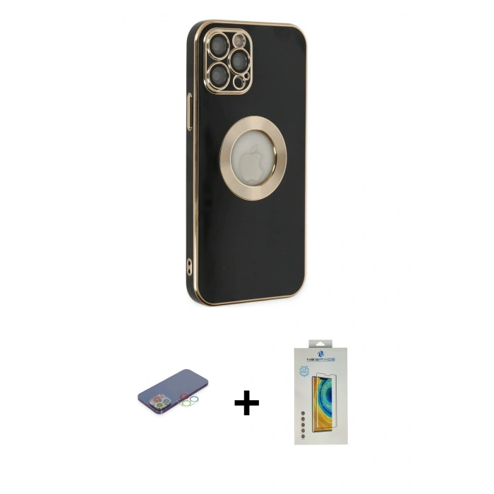 MARSİLYAN™- iPhone 12 Pro Max Kılıf İz Form Serisi - Siyah Polymer Nano Ekran Koruyucu + Renkli Kamera Lens Koruma Cam - MI