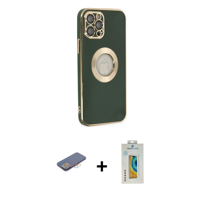MARSİLYAN™- iPhone 12 Pro Max Kılıf İz Form Serisi - Siyah Polymer Nano Ekran Koruyucu + Renkli Kamera Lens Koruma Cam - PE