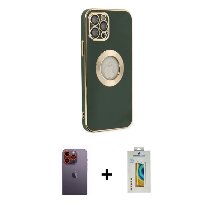 MARSİLYAN™- iPhone 12 Pro Max Kılıf İz Form Serisi - Siyah Polymer Nano Ekran Koruyucu + Turuncu Neon Fosforlu Kamera Lens