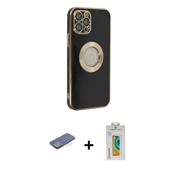MARSİLYAN™- iPhone 12 Pro Max Kılıf İz Form Serisi - Siyah Polymer Nano Ekran Koruyucu + Renkli Kamera Lens Koruma Cam - YL
