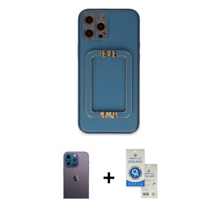 MARSİLYAN™- iPhone 12 Pro Max Kılıf Kozmos Minimal Prime - Şeffaf Royal Nano Ekran Koruyucu + Mavi Neon Fosforlu Kamera Lens