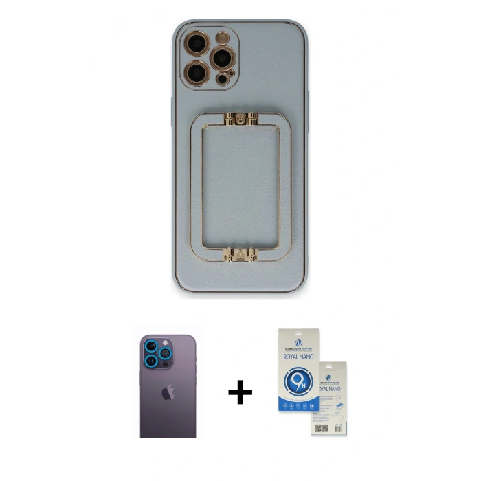 MARSİLYAN™- iPhone 12 Pro Max Kılıf Kozmos Minimal Prime - Şeffaf Royal Nano Ekran Koruyucu + Mavi Neon Fosforlu Kamera Lens