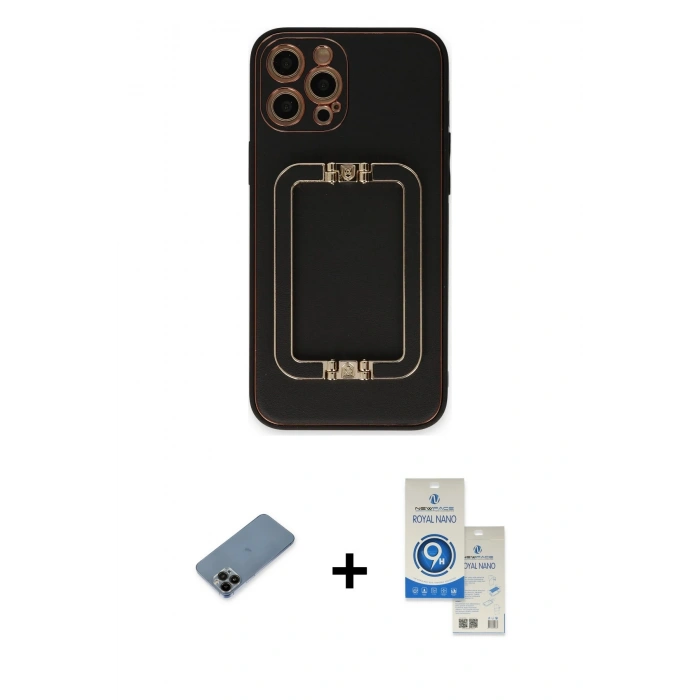 MARSİLYAN™- iPhone 12 Pro Max Kılıf Kozmos Minimal Prime - Şeffaf Royal Nano Ekran Koruyucu + Siyah Shine Kamera Lens Koruma Cam