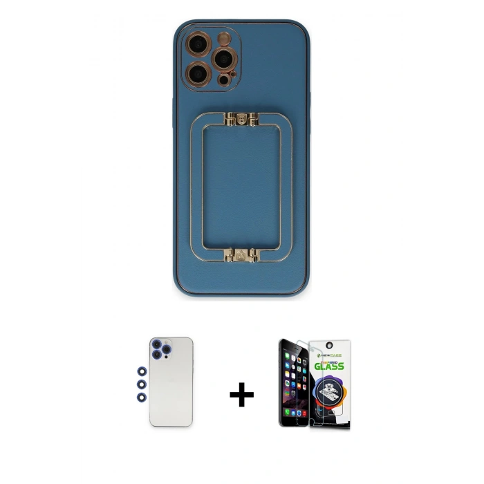 MARSİLYAN™- iPhone 12 Pro Max Kılıf Kozmos Minimal Prime - Şeffaf Temperli Cam Ekran Koruyucu + Lacivert Shine Kamera Lens