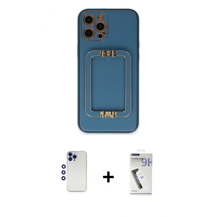 MARSİLYAN™- iPhone 12 Pro Max Kılıf Kozmos Minimal Prime - Şeffaf Uv Polymer Nano Ekran Koruyucu + Lacivert Shine Kamera Lens