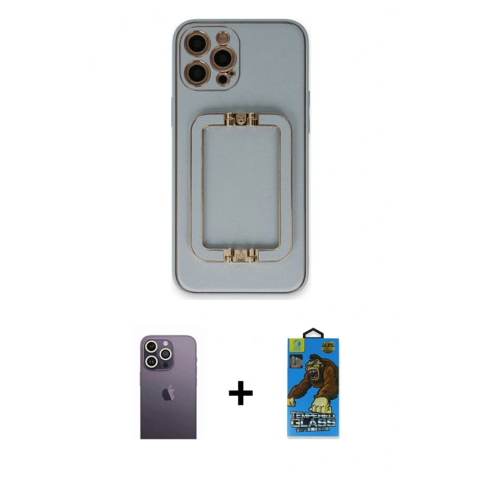 MARSİLYAN™- iPhone 12 Pro Max Kılıf Kozmos Minimal Prime - Siyah 18D Cam Ekran Koruyucu + Neon Fosforlu Kamera Lens - BZ