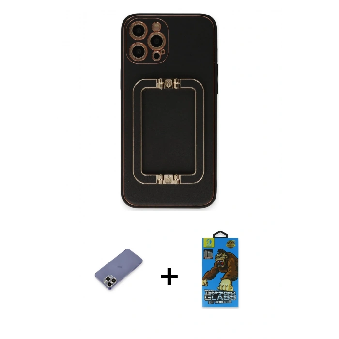 MARSİLYAN™- iPhone 12 Pro Max Kılıf Kozmos Minimal Prime - Siyah 18D Cam Ekran Koruyucu + Metal Kamera Lens Koruma Cam - GD
