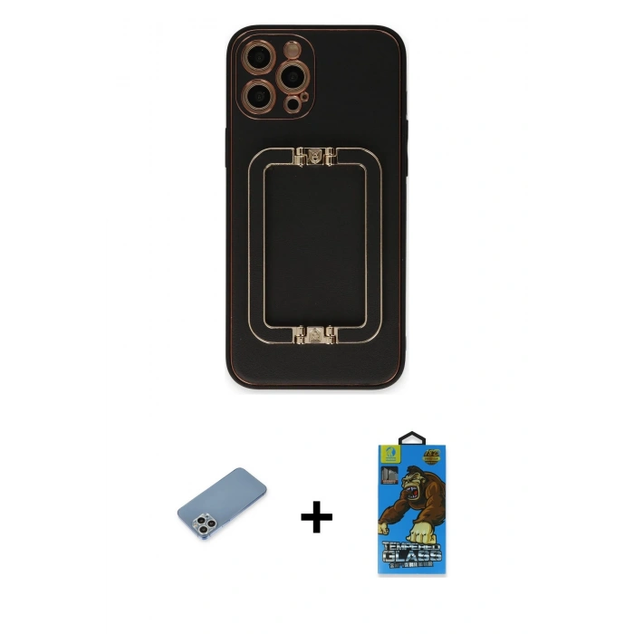 MARSİLYAN™- iPhone 12 Pro Max Kılıf Kozmos Minimal Prime - Siyah 18D Cam Ekran Koruyucu + Shine Kamera Lens Koruma Cam - GS