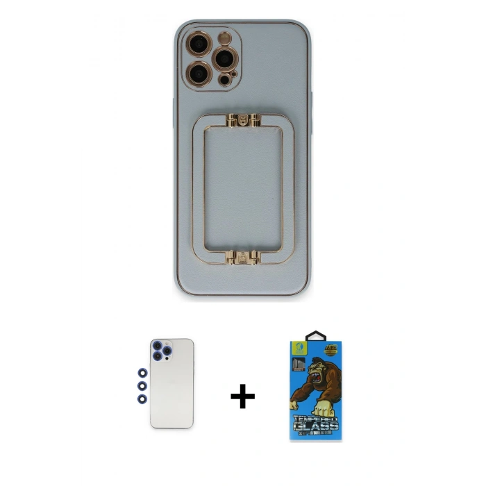 MARSİLYAN™- iPhone 12 Pro Max Kılıf Kozmos Minimal Prime - Siyah 18D Cam Ekran Koruyucu + Lacivert Shine Kamera Lens