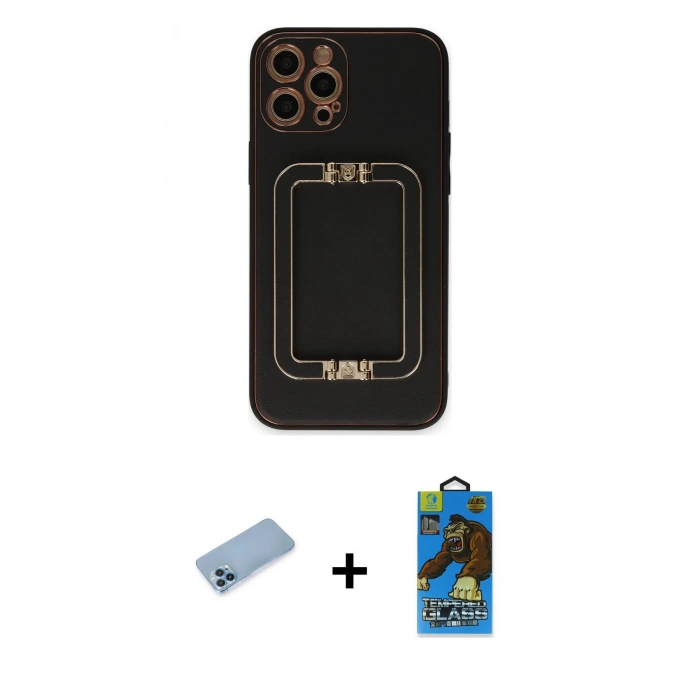 MARSİLYAN™- iPhone 12 Pro Max Kılıf Kozmos Minimal Prime - Siyah 18D Cam Ekran Koruyucu + Shine Kamera Lens Koruma Cam - MI