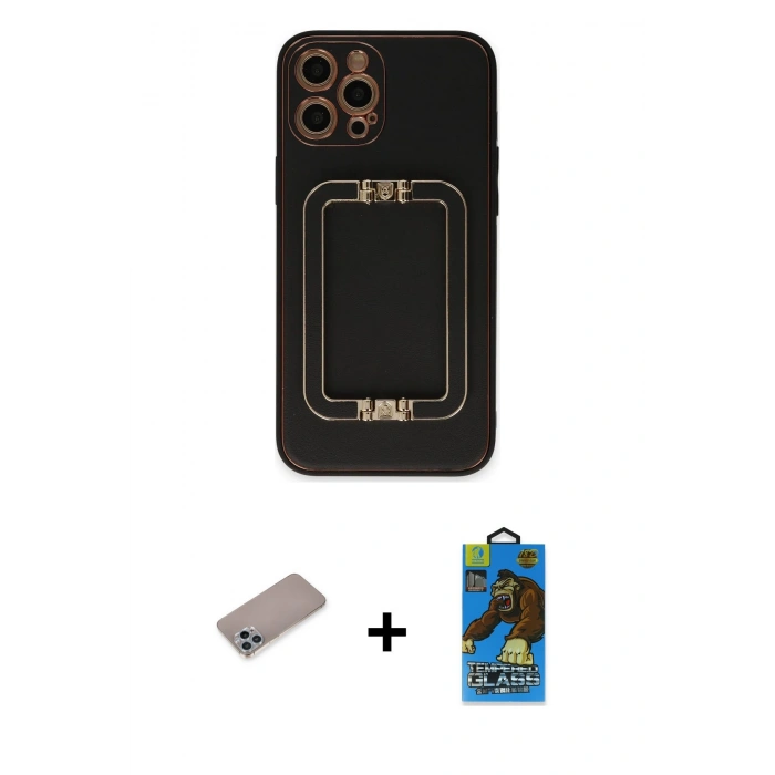 MARSİLYAN™- iPhone 12 Pro Max Kılıf Kozmos Minimal Prime - Siyah 18D Cam Ekran Koruyucu + Shine Kamera Lens Koruma Cam - SABE
