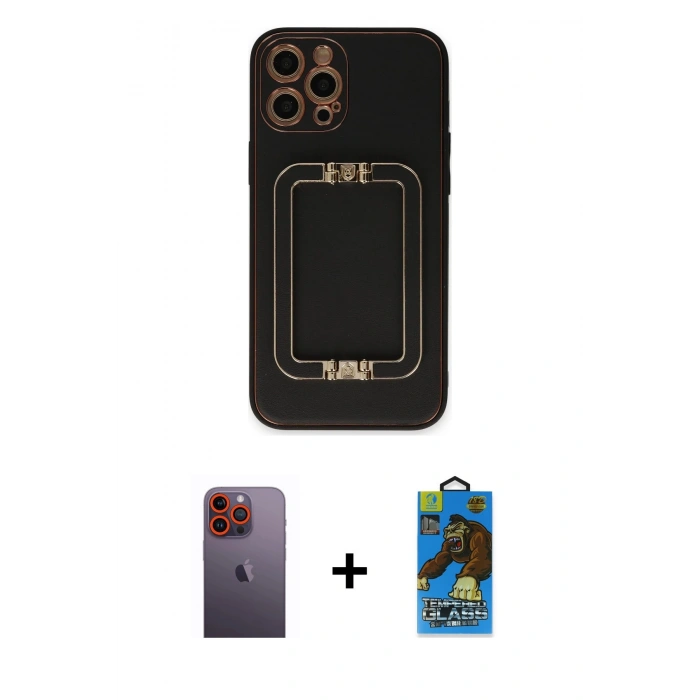 MARSİLYAN™- iPhone 12 Pro Max Kılıf Kozmos Minimal Prime - Siyah 18D Cam Ekran Koruyucu + Neon Fosforlu Kamera Lens - TU
