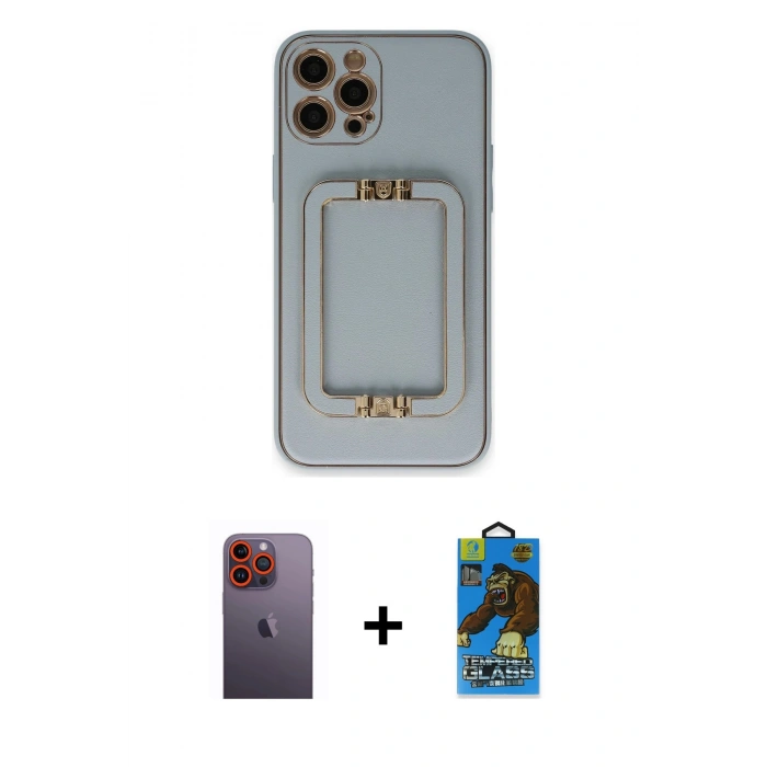 MARSİLYAN™- iPhone 12 Pro Max Kılıf Kozmos Minimal Prime - Siyah 18D Cam Ekran Koruyucu + Neon Fosforlu Kamera Lens - TU