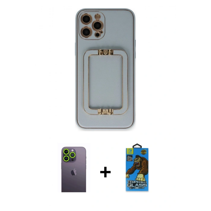 MARSİLYAN™- iPhone 12 Pro Max Kılıf Kozmos Minimal Prime - Siyah 18D Cam Ekran Koruyucu + Neon Fosforlu Kamera Lens - YL