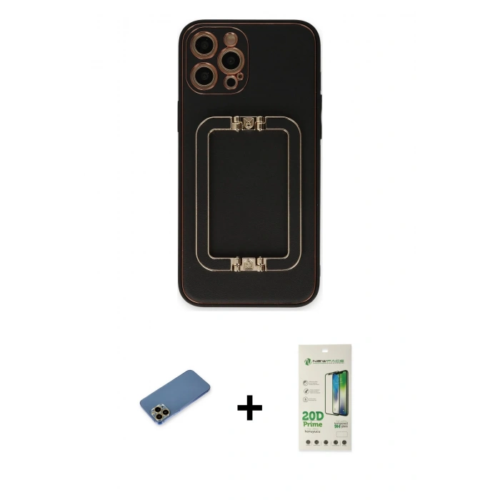 MARSİLYAN™- iPhone 12 Pro Max Kılıf Kozmos Minimal Prime - Siyah 20D Premium Cam Ekran Koruyucu + Gold Shine Kamera Lens Koruma Cam
