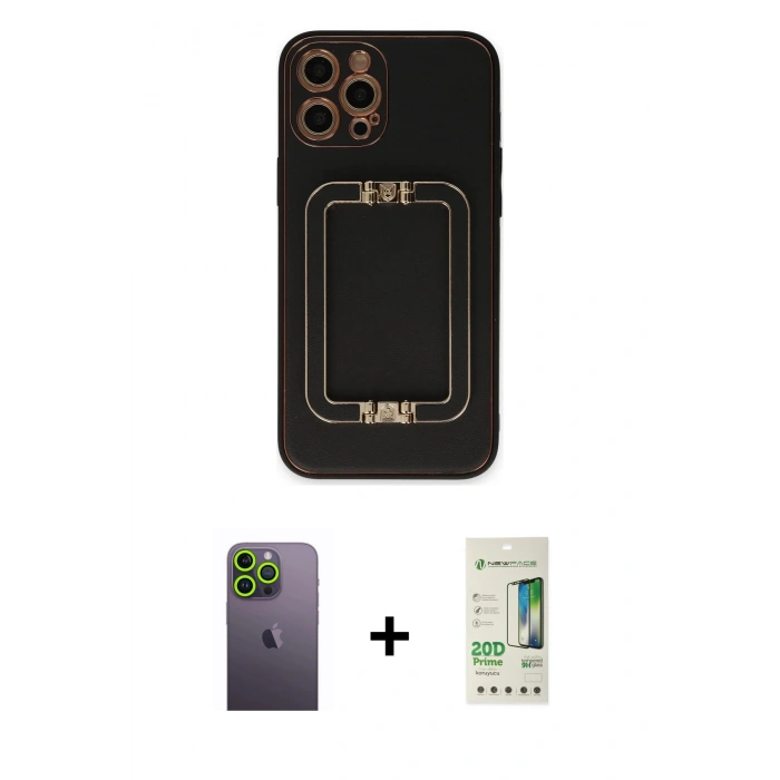 MARSİLYAN™- iPhone 12 Pro Max Kılıf Kozmos Minimal Prime - Siyah 20D Premium Cam Ekran Koruyucu + Neon Fosforlu Kamera Lens - YL
