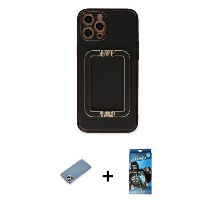 MARSİLYAN™- iPhone 12 Pro Max Kılıf Kozmos Minimal Prime - Siyah 34D Izgaralı Cam + Gümüş Shine Kamera Lens Koruma Cam