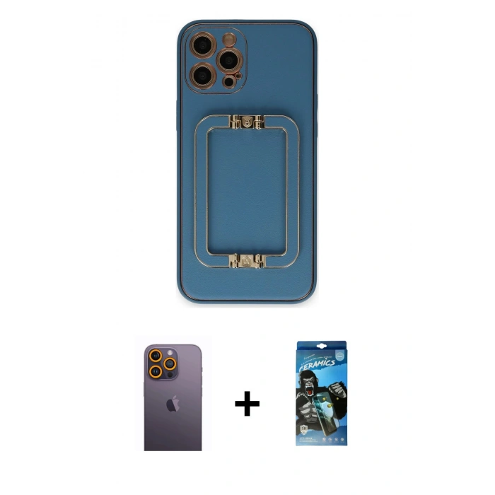 MARSİLYAN™- iPhone 12 Pro Max Kılıf Kozmos Minimal Prime - Siyah 34D Izgaralı Cam + Neon Fosforlu Kamera Lens - SI