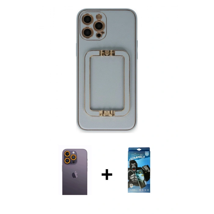 MARSİLYAN™- iPhone 12 Pro Max Kılıf Kozmos Minimal Prime - Siyah 34D Izgaralı Cam + Neon Fosforlu Kamera Lens - SI
