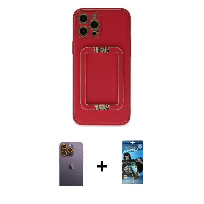 MARSİLYAN™- iPhone 12 Pro Max Kılıf Kozmos Minimal Prime - Siyah 34D Izgaralı Cam + Neon Fosforlu Kamera Lens - SI