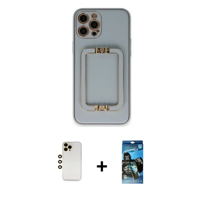 MARSİLYAN™- iPhone 12 Pro Max Kılıf Kozmos Minimal Prime - Siyah 34D Izgaralı Cam + Shine Kamera Lens - GD