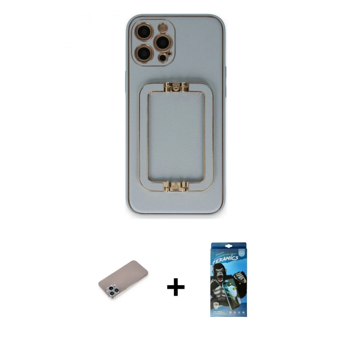 MARSİLYAN™- iPhone 12 Pro Max Kılıf Kozmos Minimal Prime - Siyah 34D Izgaralı Cam + Shine Kamera Lens Koruma Cam - SABE