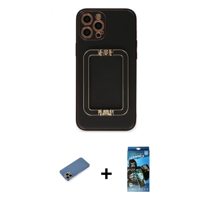 MARSİLYAN™- iPhone 12 Pro Max Kılıf Kozmos Minimal Prime - Siyah 34D Izgaralı Cam + Shine Kamera Lens Koruma Cam - GD