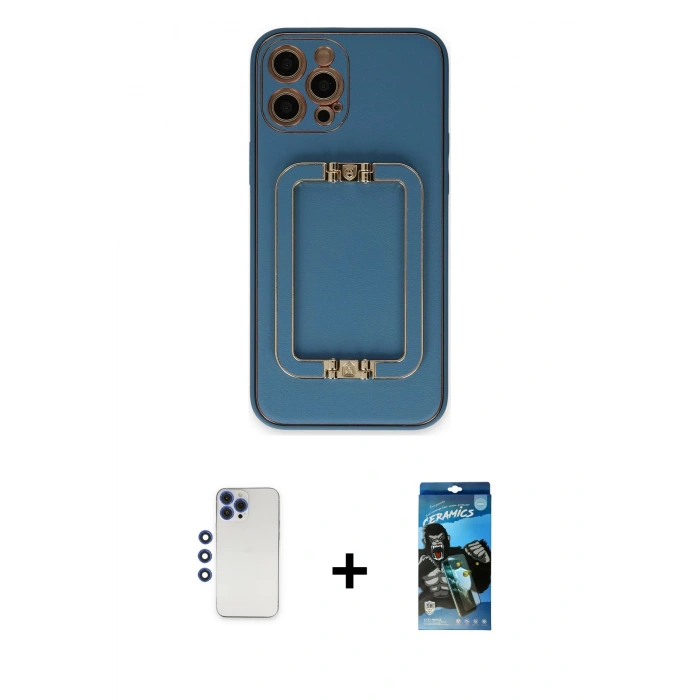 MARSİLYAN™- iPhone 12 Pro Max Kılıf Kozmos Minimal Prime - Siyah 34D Izgaralı Cam + Shine Kamera Lens - LT