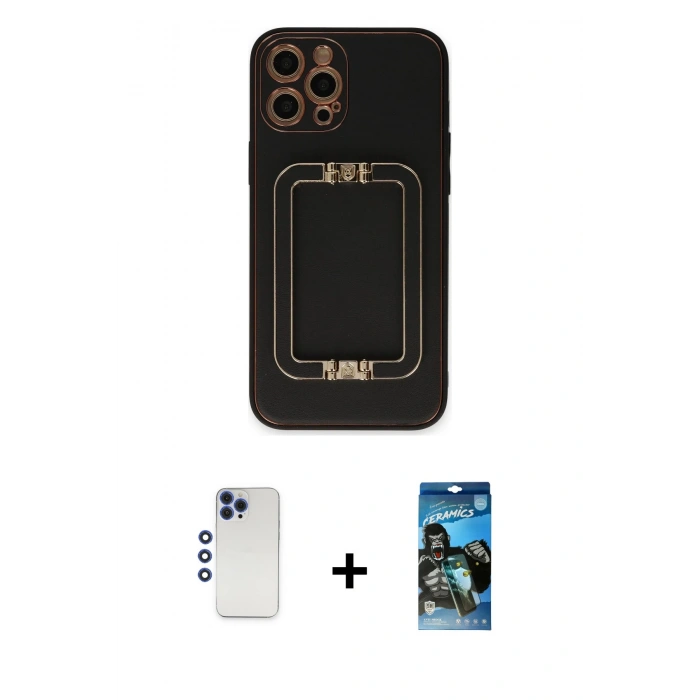 MARSİLYAN™- iPhone 12 Pro Max Kılıf Kozmos Minimal Prime - Siyah 34D Izgaralı Cam + Shine Kamera Lens - LT