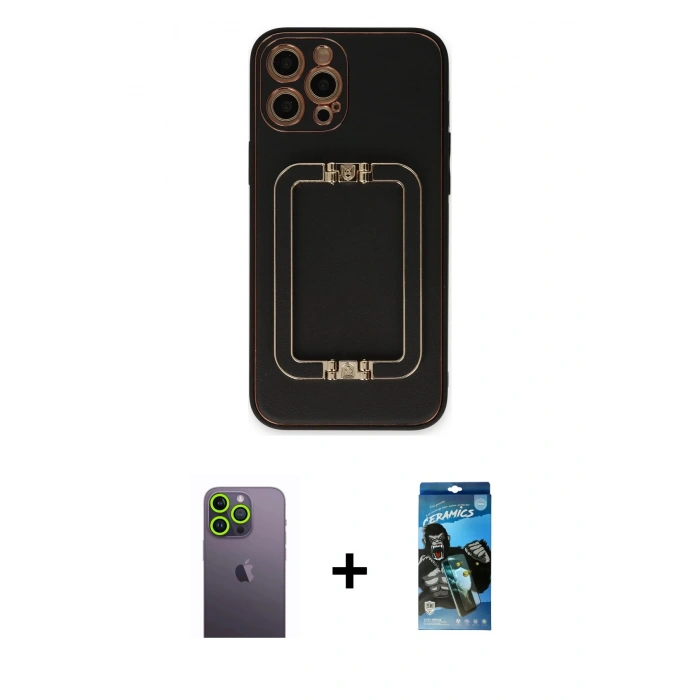 MARSİLYAN™- iPhone 12 Pro Max Kılıf Kozmos Minimal Prime - Siyah 34D Izgaralı Cam + Neon Fosforlu Kamera Lens - YL