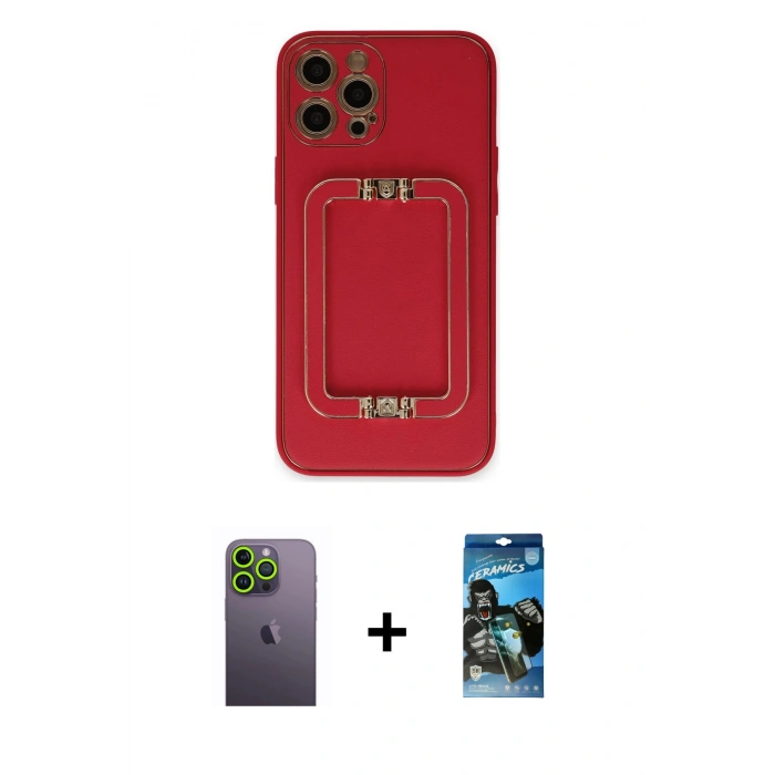 MARSİLYAN™- iPhone 12 Pro Max Kılıf Kozmos Minimal Prime - Siyah 34D Izgaralı Cam + Neon Fosforlu Kamera Lens - YL