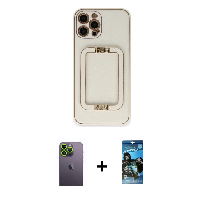 MARSİLYAN™- iPhone 12 Pro Max Kılıf Kozmos Minimal Prime - Siyah 34D Izgaralı Cam + Neon Fosforlu Kamera Lens - YL