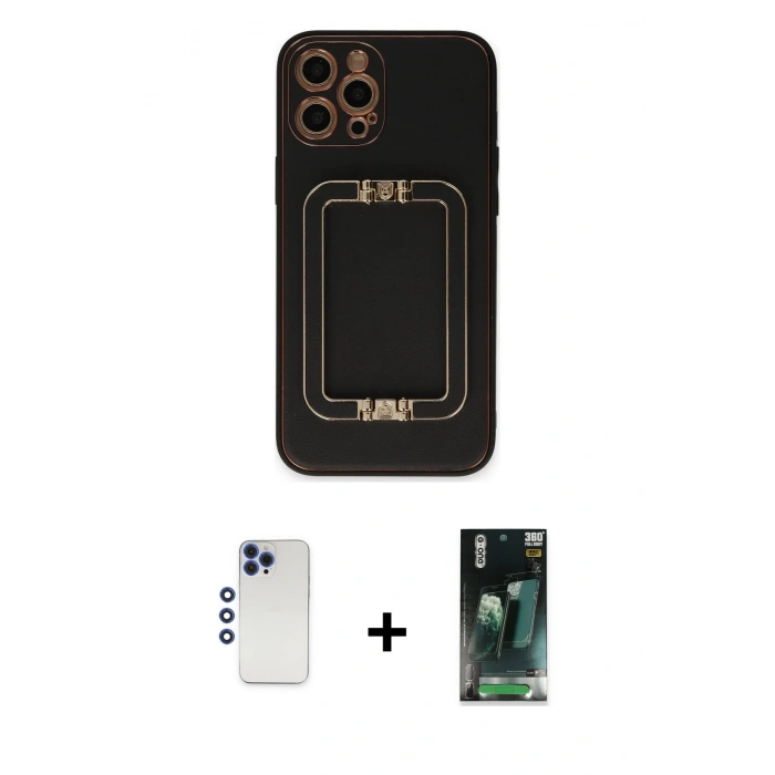 MARSİLYAN™- iPhone 12 Pro Max Kılıf Kozmos Minimal Prime - Siyah 360 Mat Full Body Arka Koruyucu + Shine Kamera Lens - LT