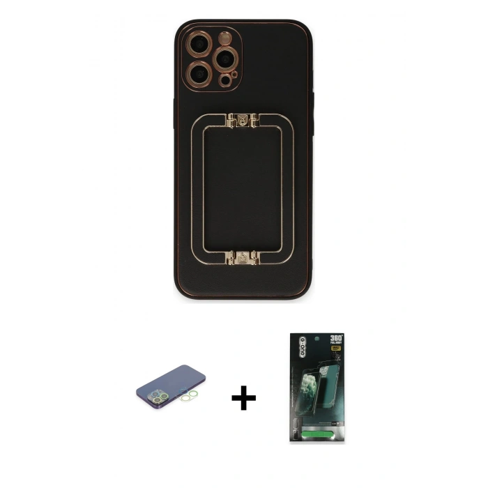 MARSİLYAN™- iPhone 12 Pro Max Kılıf Kozmos Minimal Prime - Siyah 360 Mat Full Body Arka Koruyucu + Renkli Kamera Lens Koruma Cam - YL