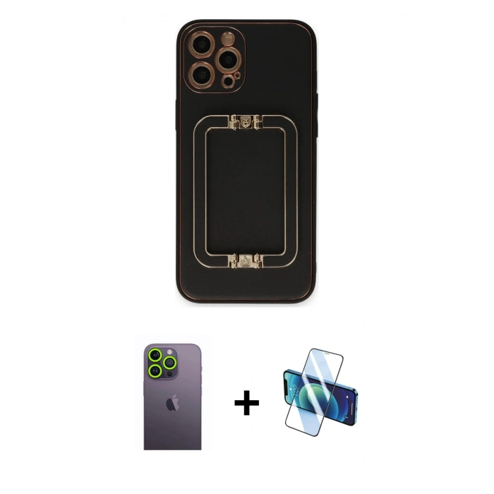 MARSİLYAN™- iPhone 12 Pro Max Kılıf Kozmos Minimal Prime - Siyah 3D Antistatik Cam Ekran Koruyucu + Neon Fosforlu Kamera Lens - YL