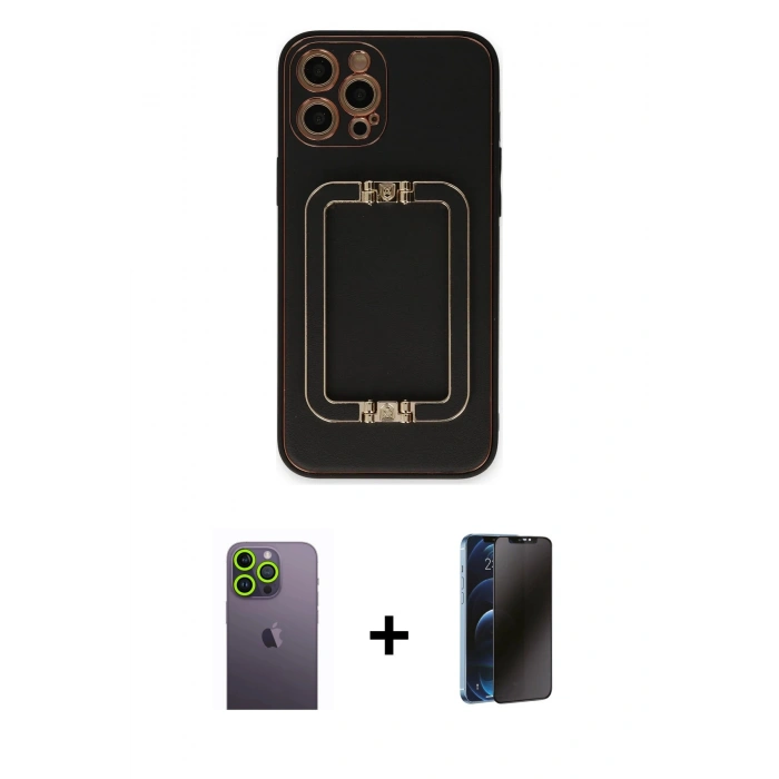 MARSİLYAN™- iPhone 12 Pro Max Kılıf Kozmos Minimal Prime - Siyah 3D Antistatik Hayalet Cam Ekran Koruyucu + Neon Fosforlu Kamera Lens - YL