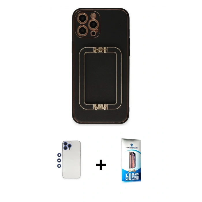 MARSİLYAN™- iPhone 12 Pro Max Kılıf Kozmos Minimal Prime - Siyah 5D Eko Cam Ekran Koruyucu + Shine Kamera Lens - LT