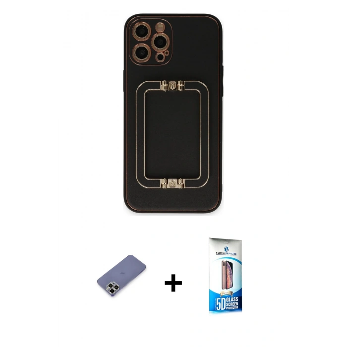 MARSİLYAN™- iPhone 12 Pro Max Kılıf Kozmos Minimal Prime - Siyah 5D Eko Cam Ekran Koruyucu + Metal Kamera Lens Koruma Cam - GD