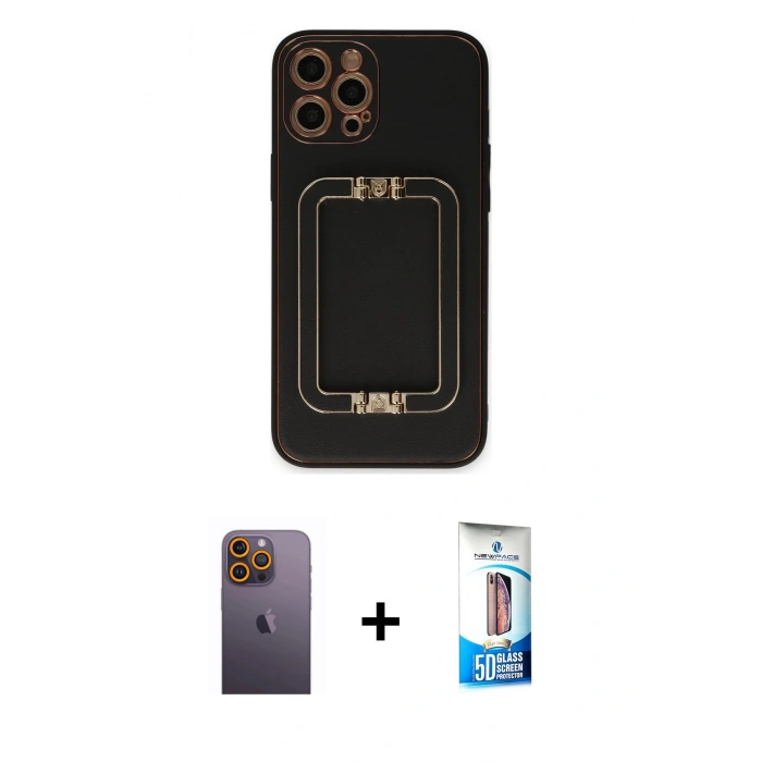 MARSİLYAN™- iPhone 12 Pro Max Kılıf Kozmos Minimal Prime - Siyah 5D Eko Cam Ekran Koruyucu + Neon Fosforlu Kamera Lens - SI