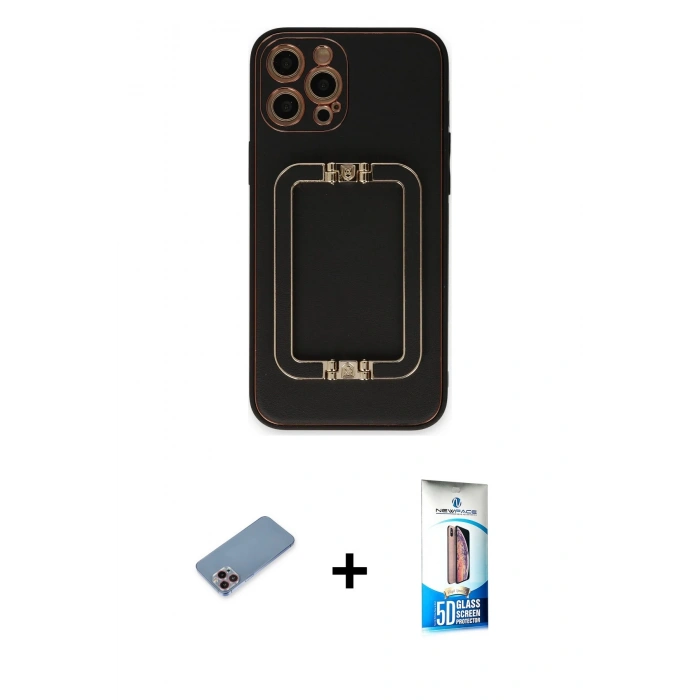 MARSİLYAN™- iPhone 12 Pro Max Kılıf Kozmos Minimal Prime - Siyah 5D Eko Cam Ekran Koruyucu + Shine Kamera Lens Koruma Cam - PE