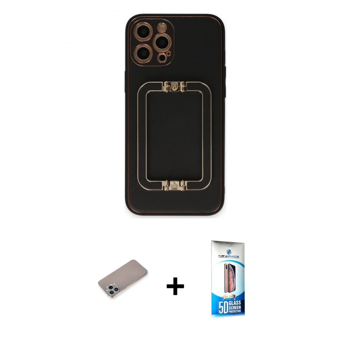 MARSİLYAN™- iPhone 12 Pro Max Kılıf Kozmos Minimal Prime - Siyah 5D Eko Cam Ekran Koruyucu + Sierra Blue Shine Kamera Lens Koruma Cam
