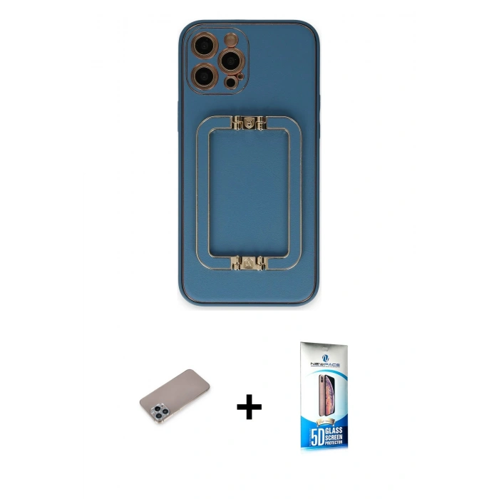 MARSİLYAN™- iPhone 12 Pro Max Kılıf Kozmos Minimal Prime - Siyah 5D Eko Cam Ekran Koruyucu + Sierra Blue Shine Kamera Lens Koruma Cam